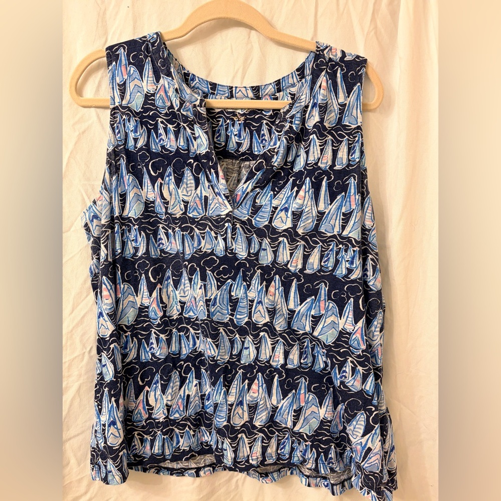 Lilly Pulitzer Sailboats Navy and Light Blue Patterned Sleeveless Knit Size XL